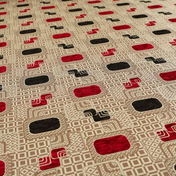 Carousel Geometric Pattern Collection Black Red Colour Woven Chenille Upholstery Fabric CTR-385