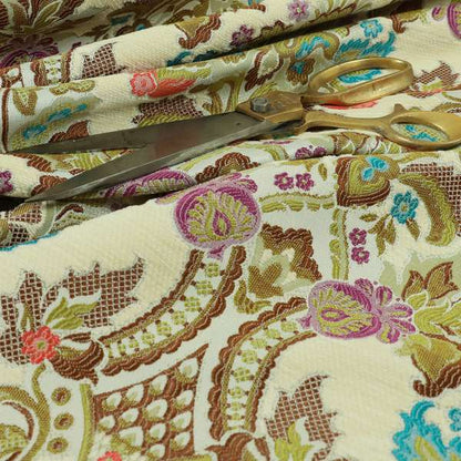 Komkotar Fabrics Rich Detail Floral Damask Upholstery Fabric In Cream Colour CTR-400 - Made To Measure Curtains