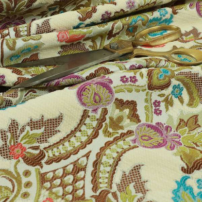 Komkotar Fabrics Rich Detail Floral Damask Upholstery Fabric In Cream Colour CTR-400