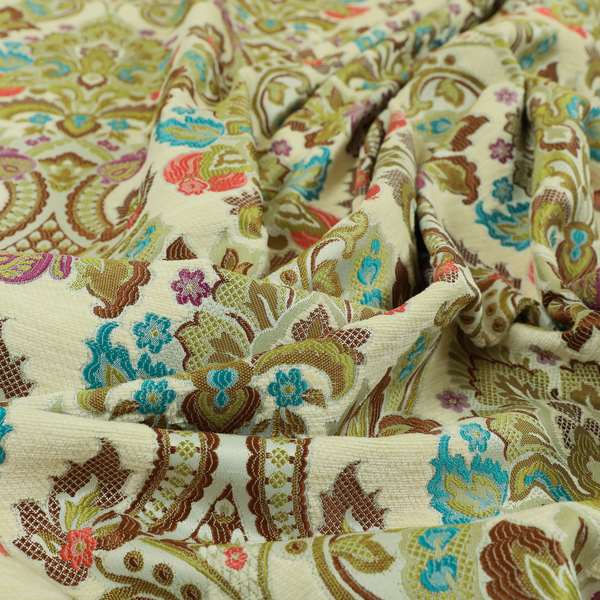 Komkotar Fabrics Rich Detail Floral Damask Upholstery Fabric In Cream Colour CTR-400 - Made To Measure Curtains