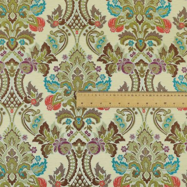 Komkotar Fabrics Rich Detail Floral Damask Upholstery Fabric In Cream Colour CTR-400