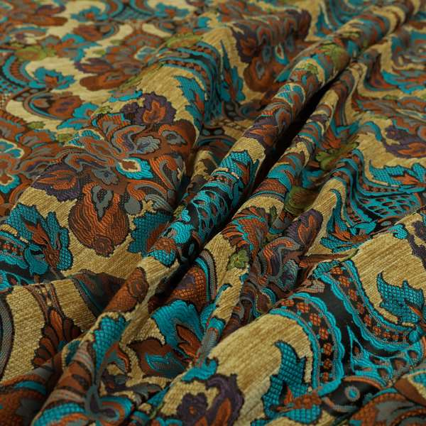 Komkotar Fabrics Rich Detail Floral Damask Upholstery Fabric In Beige Colour CTR-401 - Made To Measure Curtains