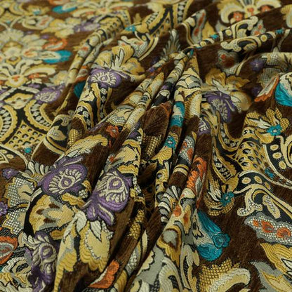 Komkotar Fabrics Rich Detail Floral Damask Upholstery Fabric In Brown Colour CTR-403 - Made To Measure Curtains