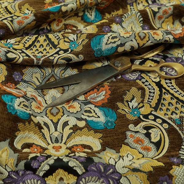 Komkotar Fabrics Rich Detail Floral Damask Upholstery Fabric In Brown Colour CTR-403 - Made To Measure Curtains