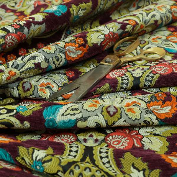 Komkotar Fabrics Rich Detail Floral Damask Upholstery Fabric In Purple Colour CTR-405 - Handmade Cushions