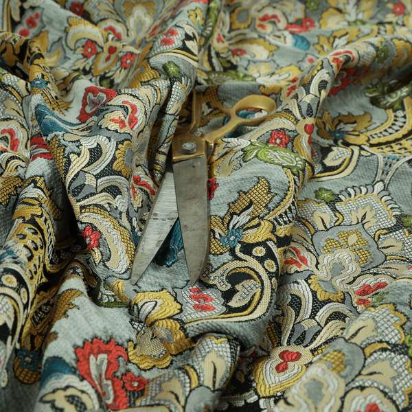 Komkotar Fabrics Rich Detail Floral Damask Upholstery Fabric In Grey Colour CTR-406 - Roman Blinds