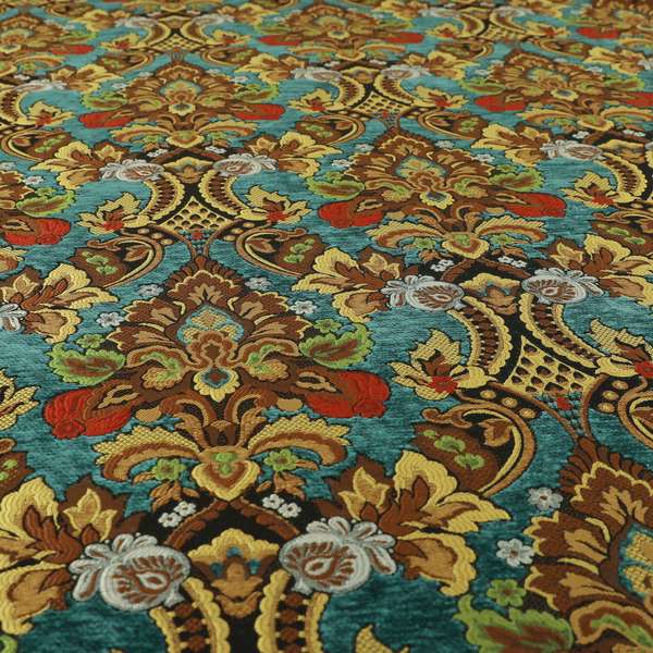 Komkotar Fabrics Rich Detail Floral Damask Upholstery Fabric In Blue Colour CTR-408 - Made To Measure Curtains