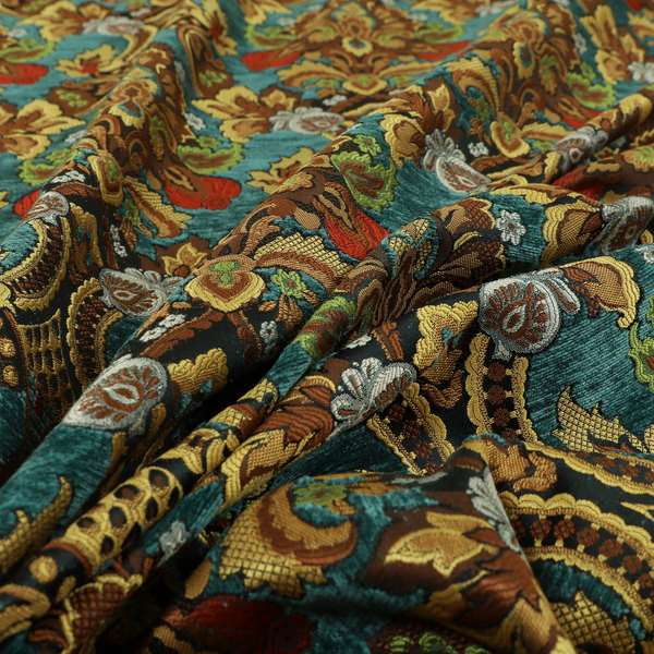 Komkotar Fabrics Rich Detail Floral Damask Upholstery Fabric In Blue Colour CTR-408