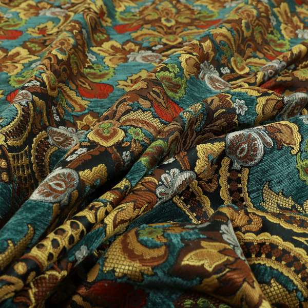 Komkotar Fabrics Rich Detail Floral Damask Upholstery Fabric In Blue Colour CTR-408 - Made To Measure Curtains