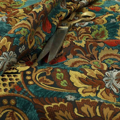 Komkotar Fabrics Rich Detail Floral Damask Upholstery Fabric In Blue Colour CTR-408 - Made To Measure Curtains