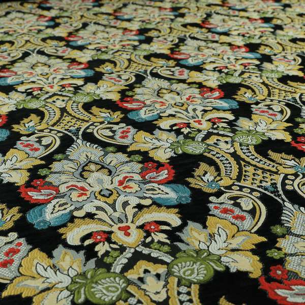 Komkotar Fabrics Rich Detail Floral Damask Upholstery Fabric In Black Colour CTR-410 - Roman Blinds