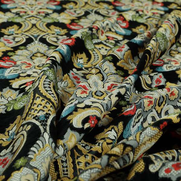 Komkotar Fabrics Rich Detail Floral Damask Upholstery Fabric In Black Colour CTR-410 - Roman Blinds