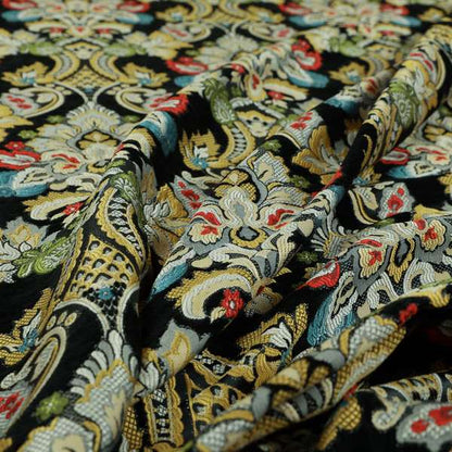 Komkotar Fabrics Rich Detail Floral Damask Upholstery Fabric In Black Colour CTR-410 - Made To Measure Curtains