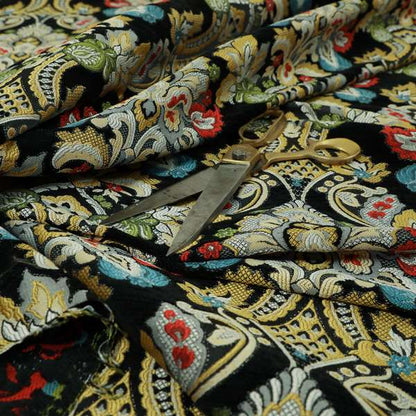 Komkotar Fabrics Rich Detail Floral Damask Upholstery Fabric In Black Colour CTR-410 - Handmade Cushions