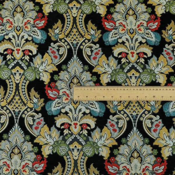 Komkotar Fabrics Rich Detail Floral Damask Upholstery Fabric In Black Colour CTR-410 - Roman Blinds