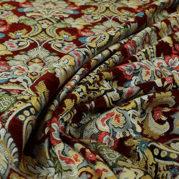 Komkotar Fabrics Rich Detail Floral Damask Upholstery Fabric In Red Colour CTR-411 - Made To Measure Curtains