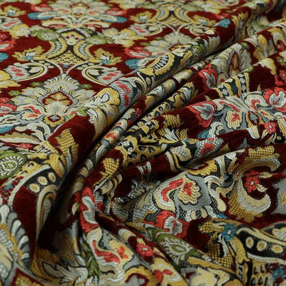 Komkotar Fabrics Rich Detail Floral Damask Upholstery Fabric In Red Colour CTR-411 - Made To Measure Curtains