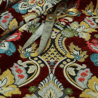 Komkotar Fabrics Rich Detail Floral Damask Upholstery Fabric In Red Colour CTR-411