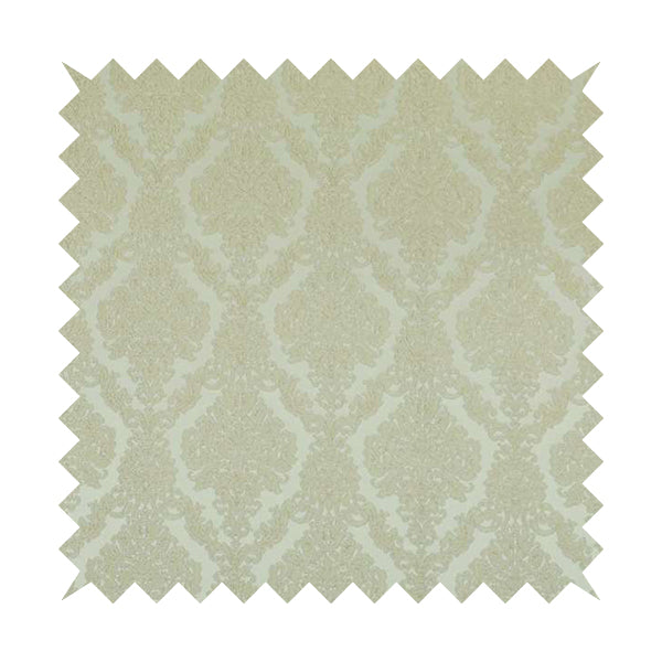 Elstow Damask Pattern Collection In Textured Embroidery Effect Chenille Upholstery Fabric In Cream Colour CTR-412