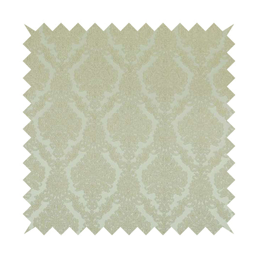 Elstow Damask Pattern Collection In Textured Embroidery Effect Chenille Upholstery Fabric In Cream Colour CTR-412