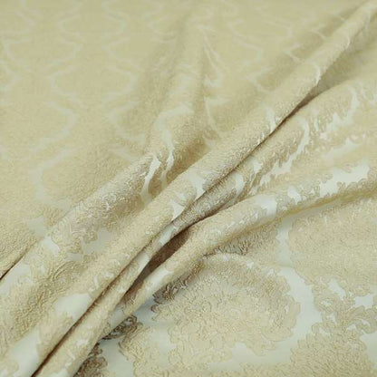 Elstow Damask Pattern Collection In Textured Embroidery Effect Chenille Upholstery Fabric In Cream Colour CTR-412