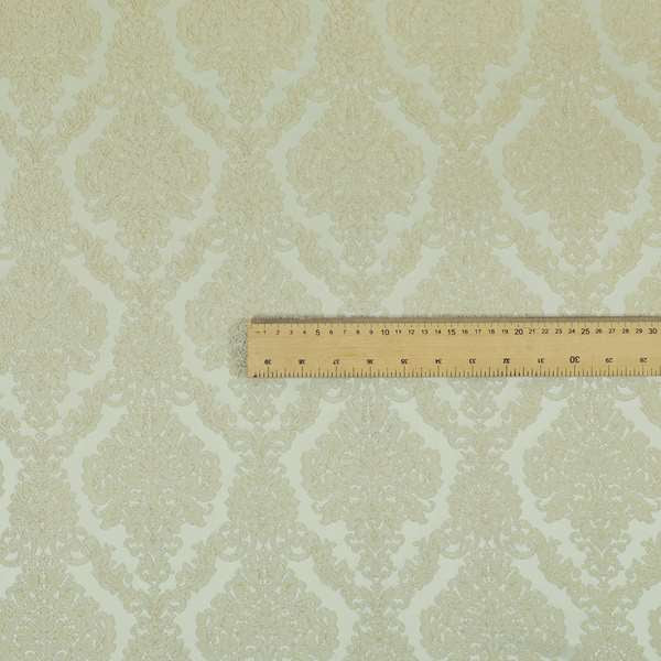 Elstow Damask Pattern Collection In Textured Embroidery Effect Chenille Upholstery Fabric In Cream Colour CTR-412