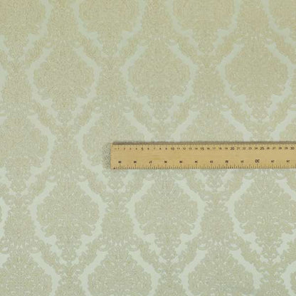 Elstow Damask Pattern Collection In Textured Embroidery Effect Chenille Upholstery Fabric In Cream Colour CTR-412