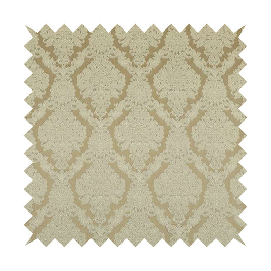 Elstow Damask Pattern Collection In Textured Embroidery Effect Chenille Upholstery Fabric In Beige Colour CTR-413