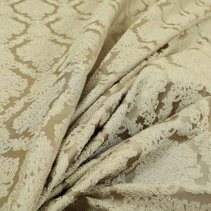 Elstow Damask Pattern Collection In Textured Embroidery Effect Chenille Upholstery Fabric In Beige Colour CTR-413 - Made To Measure Curtains