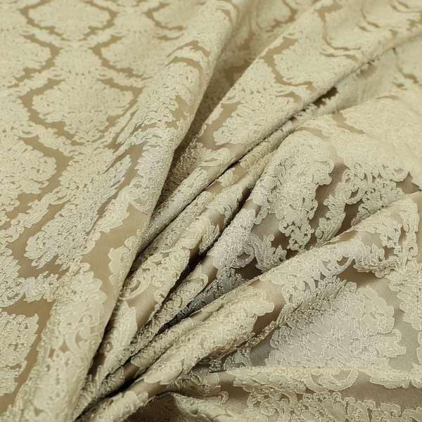 Elstow Damask Pattern Collection In Textured Embroidery Effect Chenille Upholstery Fabric In Beige Colour CTR-413