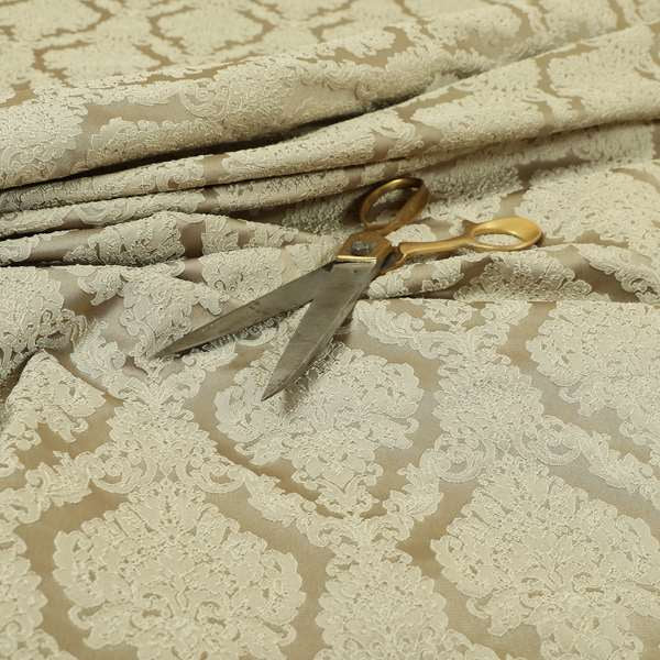 Elstow Damask Pattern Collection In Textured Embroidery Effect Chenille Upholstery Fabric In Beige Colour CTR-413 - Made To Measure Curtains