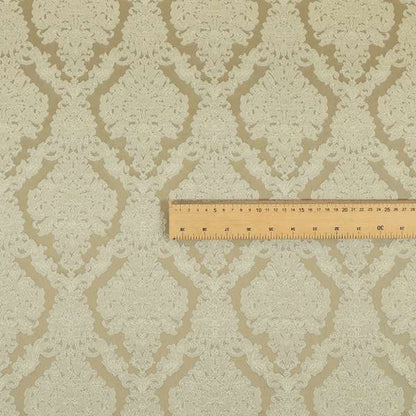 Elstow Damask Pattern Collection In Textured Embroidery Effect Chenille Upholstery Fabric In Beige Colour CTR-413