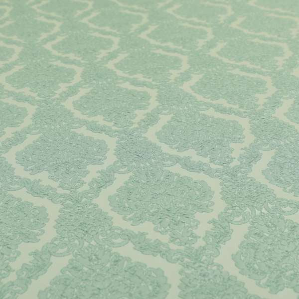 Elstow Damask Pattern Collection In Textured Embroidery Effect Chenille Upholstery Fabric In Aqua Green Colour CTR-414 - Roman Blinds