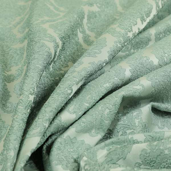 Elstow Damask Pattern Collection In Textured Embroidery Effect Chenille Upholstery Fabric In Aqua Green Colour CTR-414 - Made To Measure Curtains