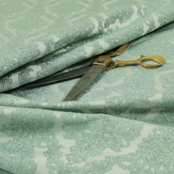 Elstow Damask Pattern Collection In Textured Embroidery Effect Chenille Upholstery Fabric In Aqua Green Colour CTR-414