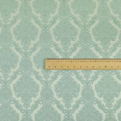 Elstow Damask Pattern Collection In Textured Embroidery Effect Chenille Upholstery Fabric In Aqua Green Colour CTR-414