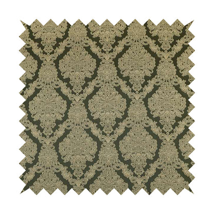 Elstow Damask Pattern Collection In Textured Embroidery Effect Chenille Upholstery Fabric In Green Colour CTR-415