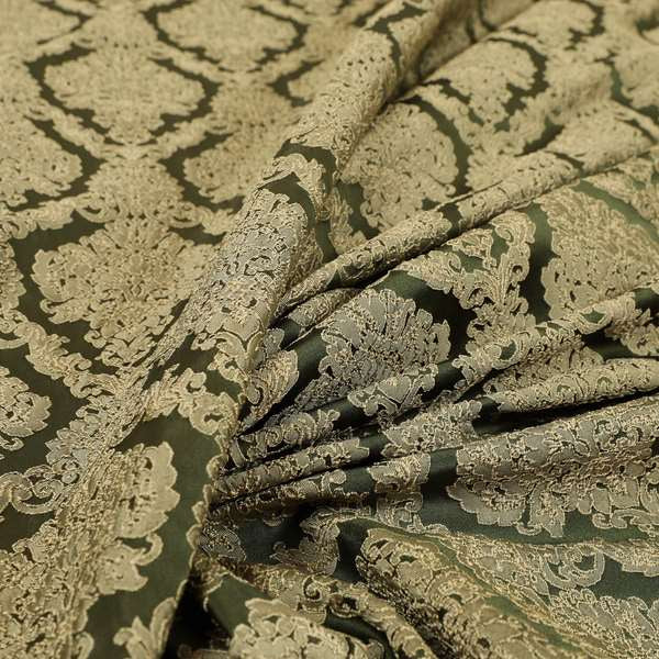 Elstow Damask Pattern Collection In Textured Embroidery Effect Chenille Upholstery Fabric In Green Colour CTR-415 - Roman Blinds