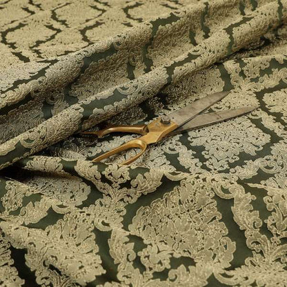 Elstow Damask Pattern Collection In Textured Embroidery Effect Chenille Upholstery Fabric In Green Colour CTR-415