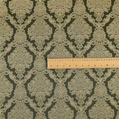 Elstow Damask Pattern Collection In Textured Embroidery Effect Chenille Upholstery Fabric In Green Colour CTR-415