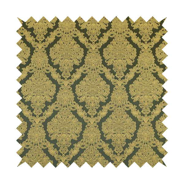 Elstow Damask Pattern Collection In Textured Embroidery Effect Chenille Upholstery Fabric In Green Yellow Colour CTR-416