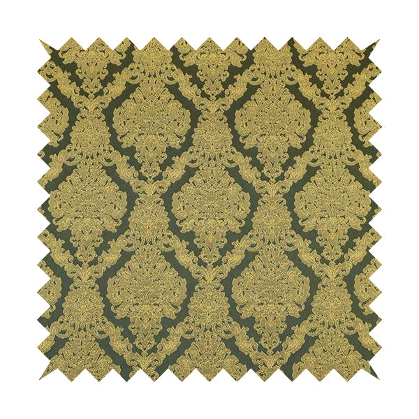 Elstow Damask Pattern Collection In Textured Embroidery Effect Chenille Upholstery Fabric In Green Yellow Colour CTR-416 - Made To Measure Curtains