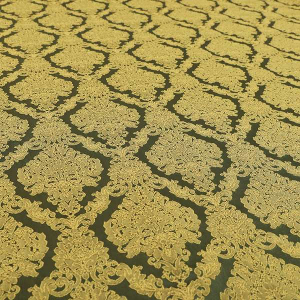 Elstow Damask Pattern Collection In Textured Embroidery Effect Chenille Upholstery Fabric In Green Yellow Colour CTR-416