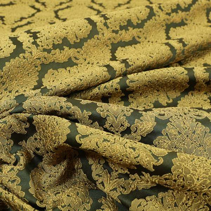 Elstow Damask Pattern Collection In Textured Embroidery Effect Chenille Upholstery Fabric In Green Yellow Colour CTR-416 - Made To Measure Curtains