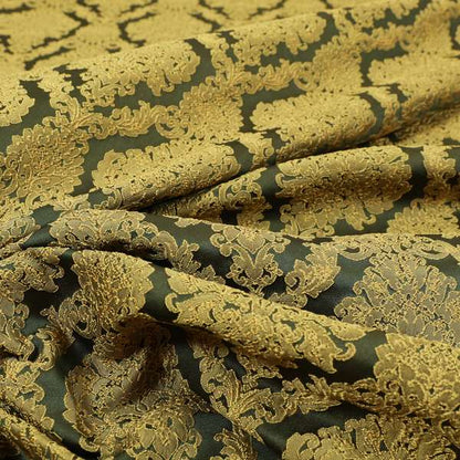 Elstow Damask Pattern Collection In Textured Embroidery Effect Chenille Upholstery Fabric In Green Yellow Colour CTR-416 - Handmade Cushions
