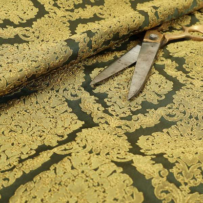 Elstow Damask Pattern Collection In Textured Embroidery Effect Chenille Upholstery Fabric In Green Yellow Colour CTR-416