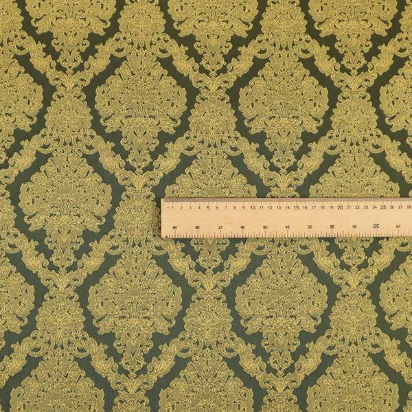 Elstow Damask Pattern Collection In Textured Embroidery Effect Chenille Upholstery Fabric In Green Yellow Colour CTR-416