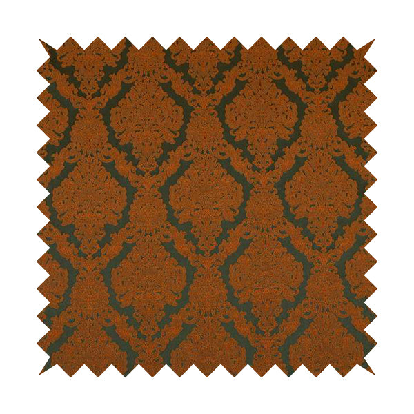 Elstow Damask Pattern Collection In Textured Embroidery Effect Chenille Upholstery Fabric In Green Orange Colour CTR-417 - Made To Measure Curtains