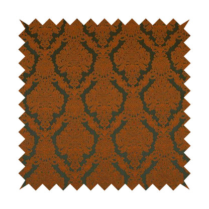 Elstow Damask Pattern Collection In Textured Embroidery Effect Chenille Upholstery Fabric In Green Orange Colour CTR-417 - Made To Measure Curtains