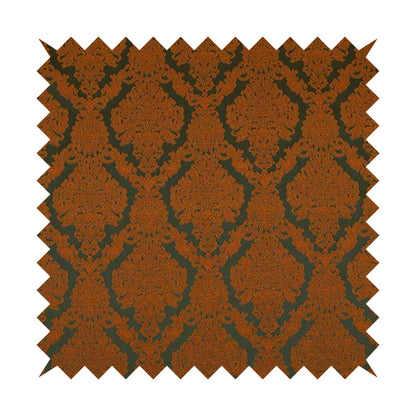 Elstow Damask Pattern Collection In Textured Embroidery Effect Chenille Upholstery Fabric In Green Orange Colour CTR-417 - Handmade Cushions